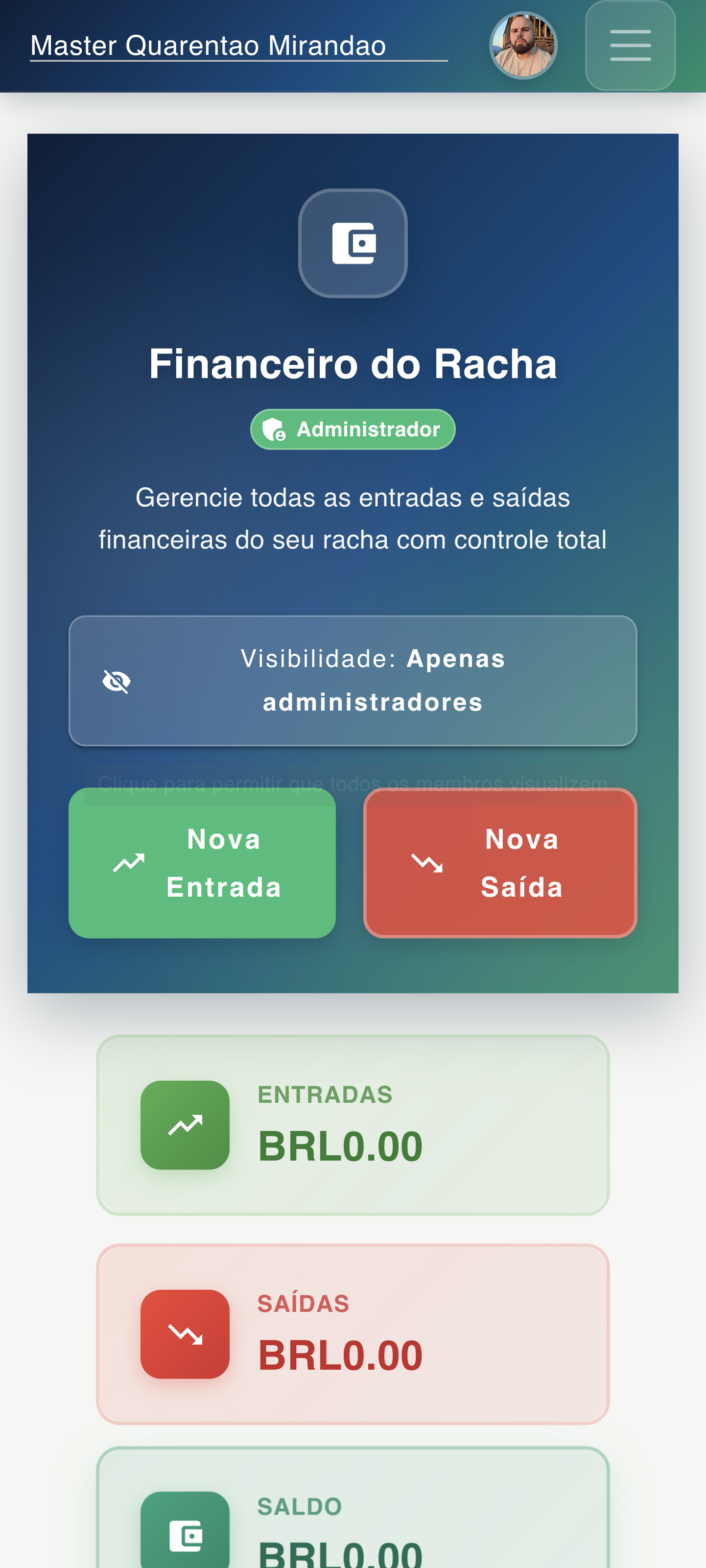 Tela de controle financeiro do FutBora com pagamentos e débitos