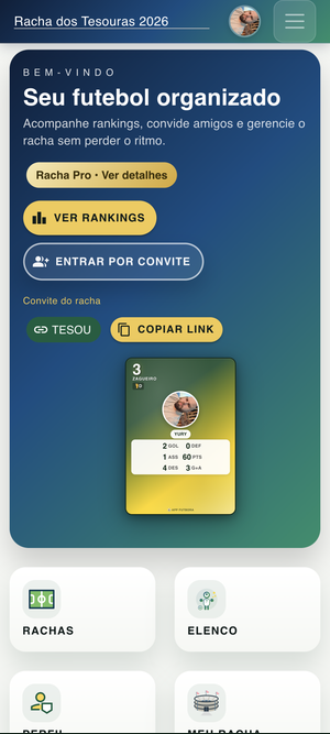 App FutBora — tela principal com rankings e convite