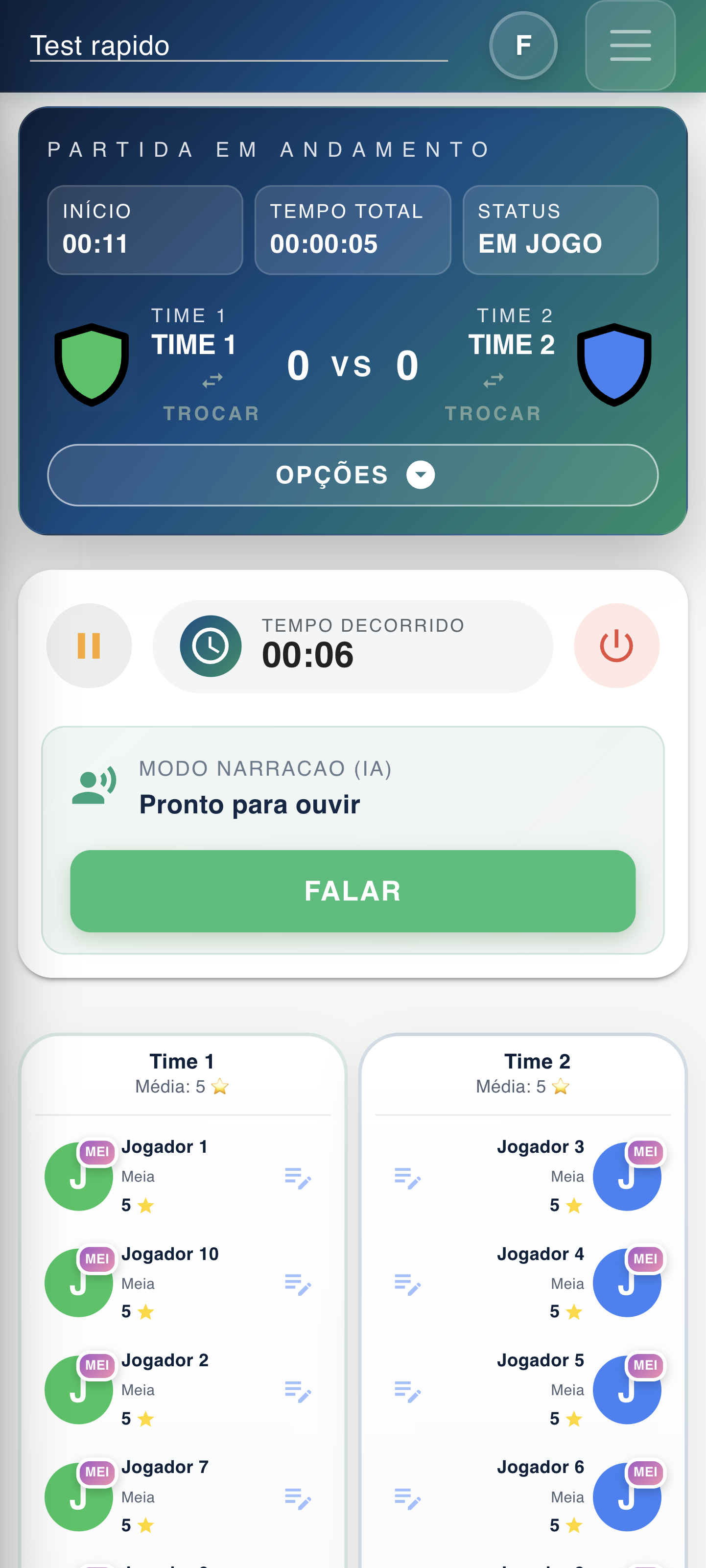 App FutBora — modo narração por voz com botão FALAR para registrar gols