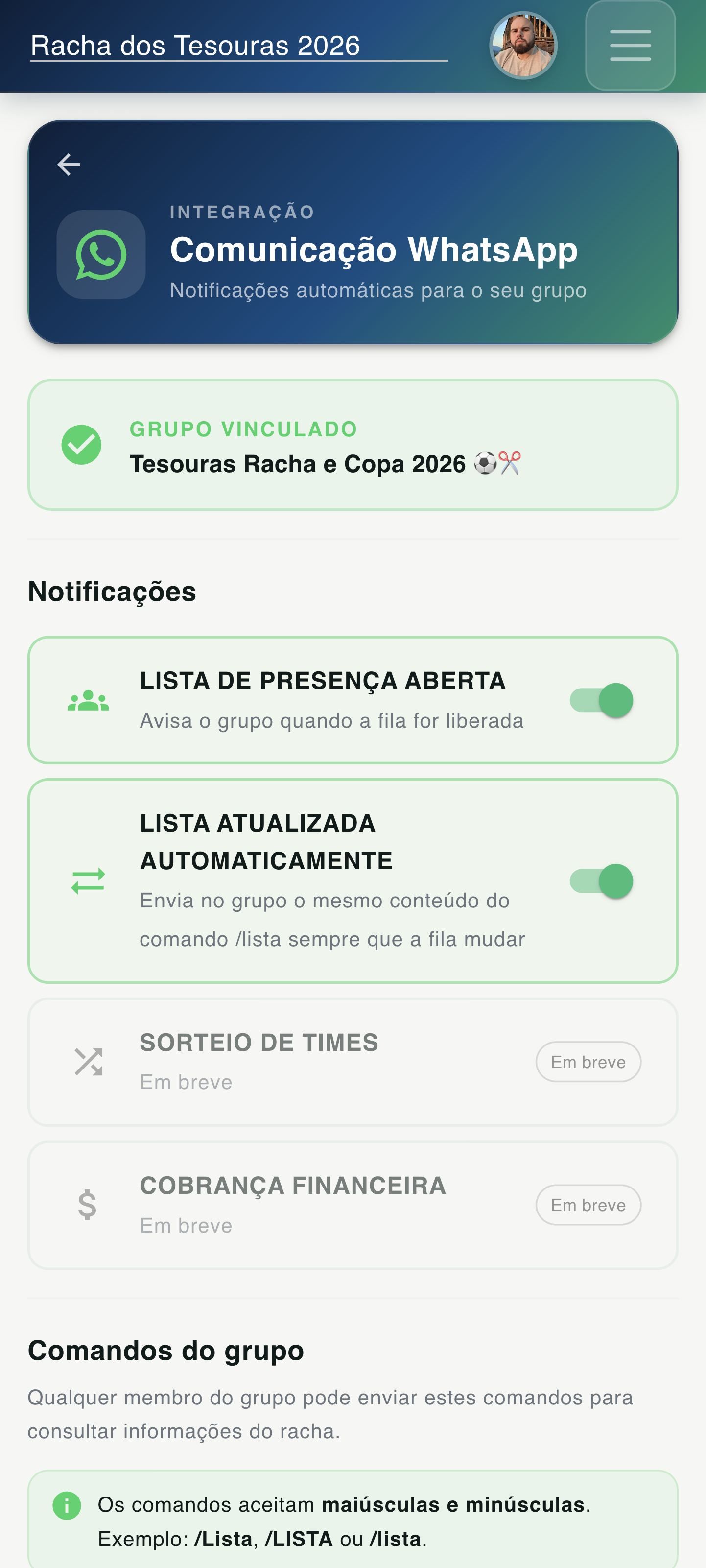 App FutBora — integração WhatsApp com notificações automáticas de lista e times